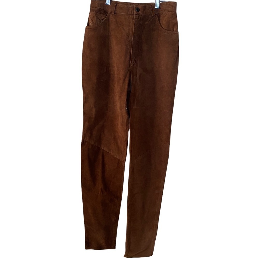 Lanna Made in USA Women Two-Tone Brown Tan Suede 100% Leather Pants Sz 2 x30